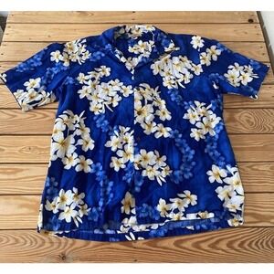 Vintage Hawaii Station Button Up Floral Shirt Size Large Men’s Blue Short Sleeve